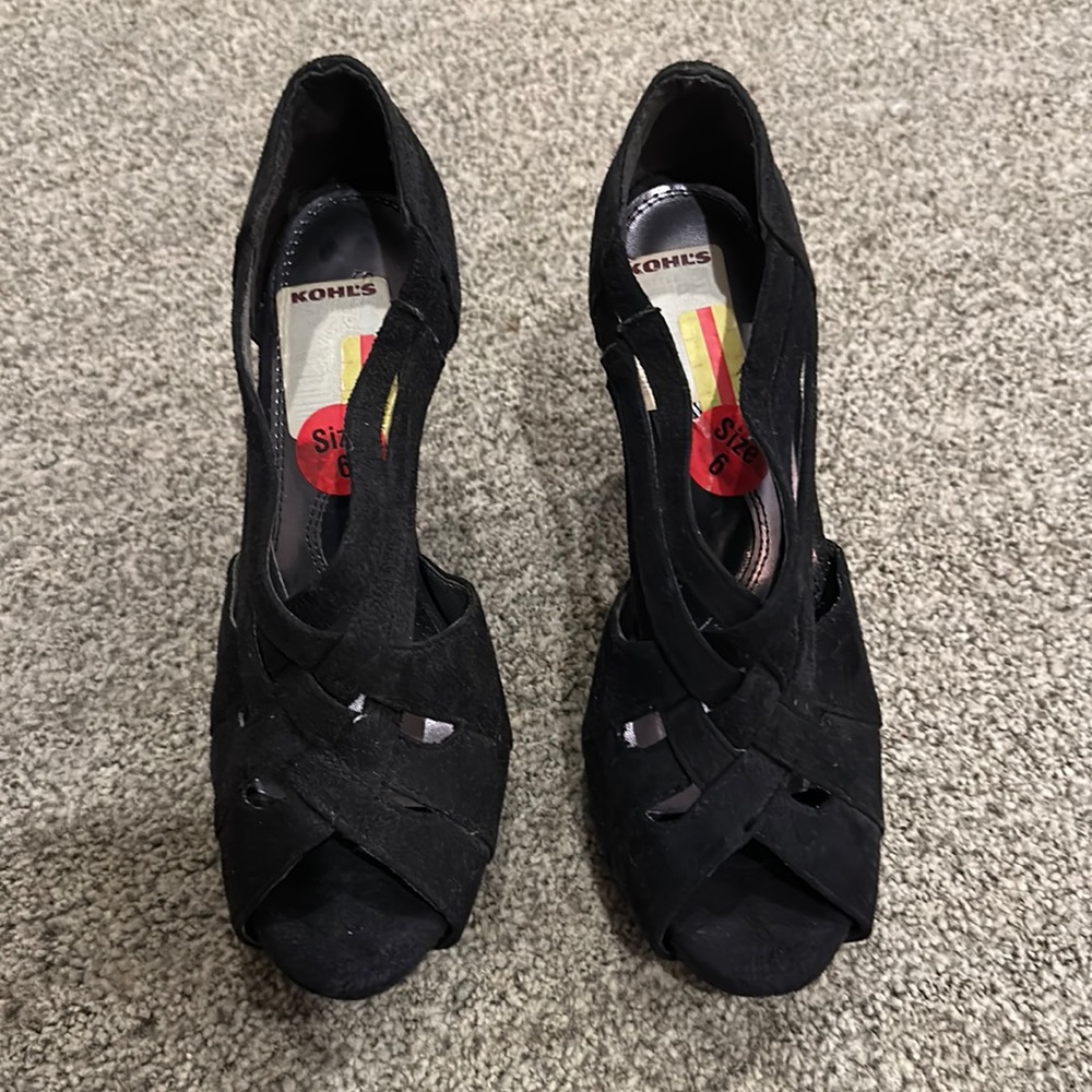 Black vegan suede braided heels